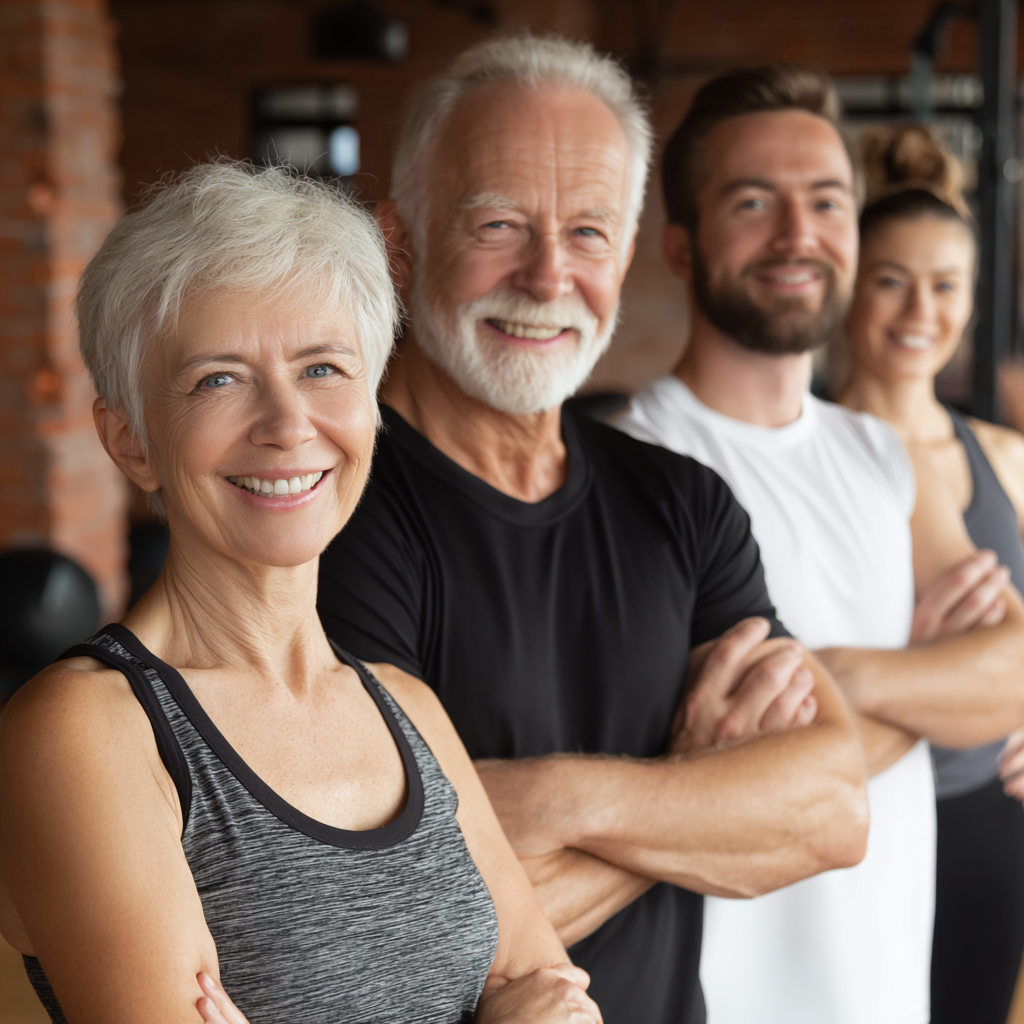 Group of white ukraninane satisfied middle-aged fitness clients smiling after successful workout session