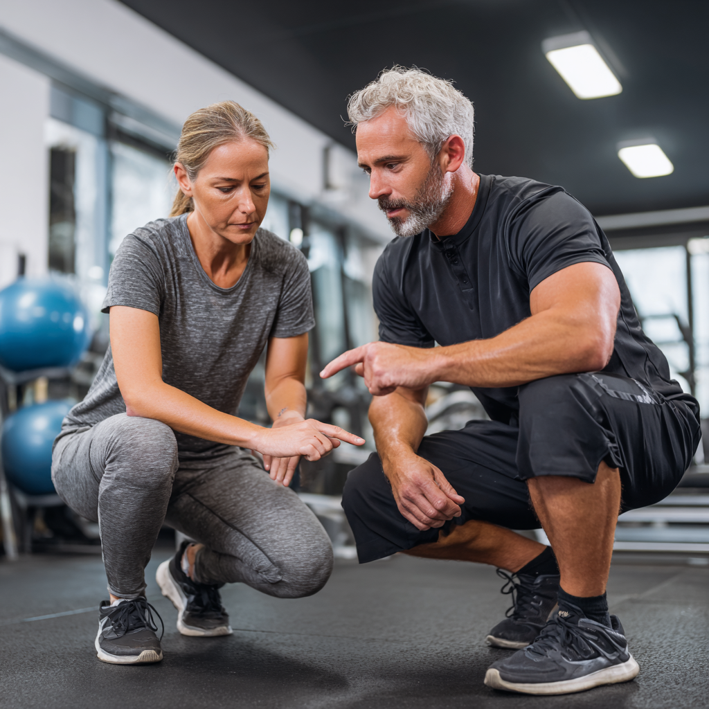 Professional fitness instructor guiding middle-aged person during workout session